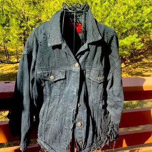 Signature Distressed Fringe Black Jean Jacket